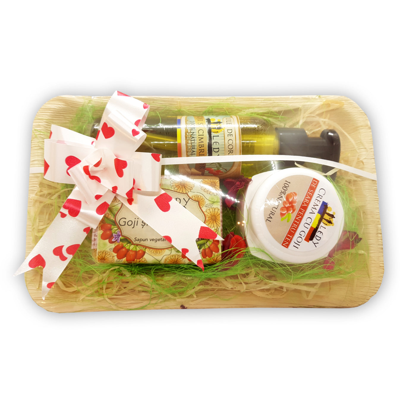 cosulet cadou cu produse naturale Miledy naturals, crema naturala cu goji, ulei de masaj su goji, sapun natural emolient cu goji si galbenele